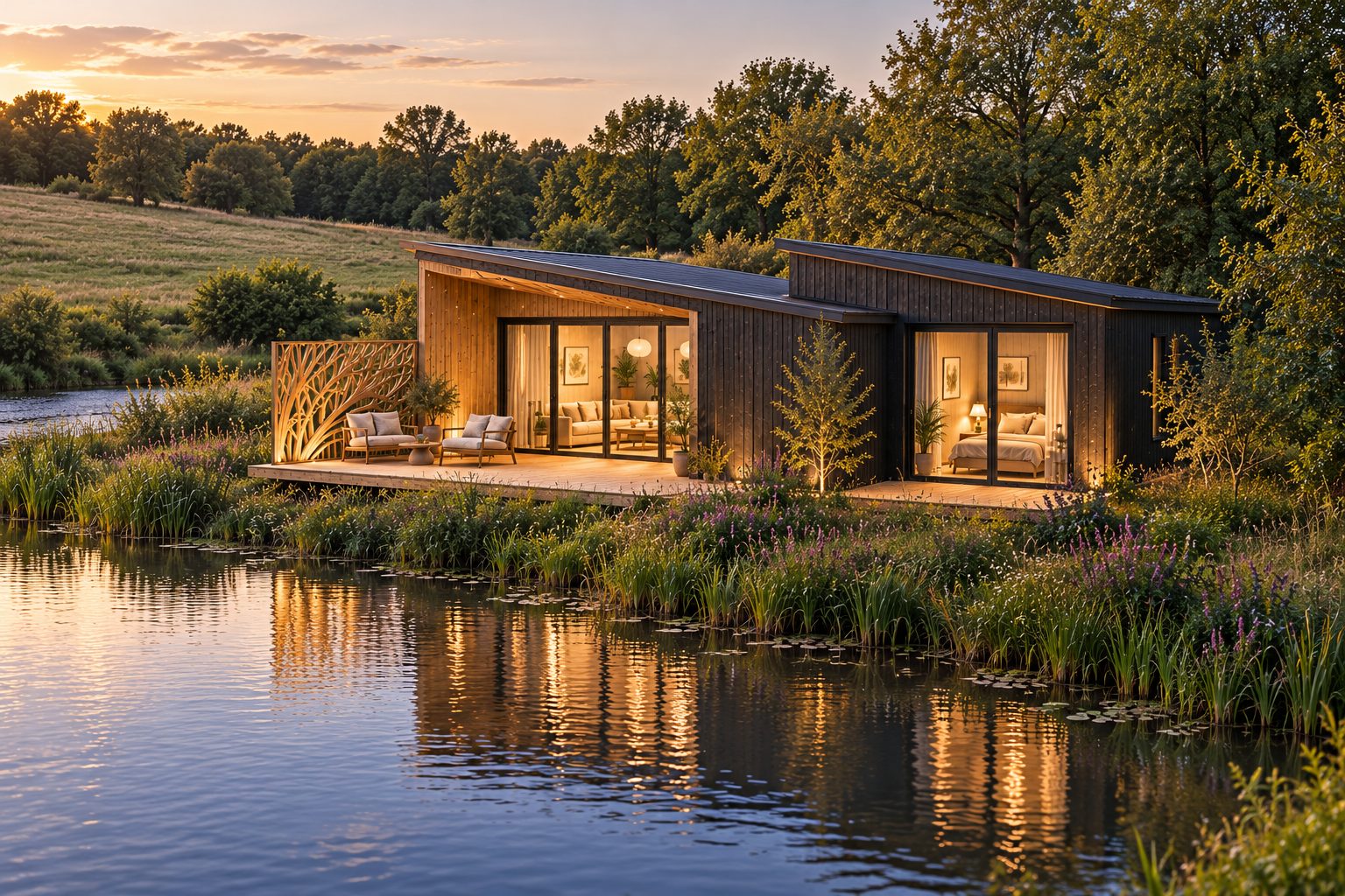 Lodge reflected in the lake at dusk